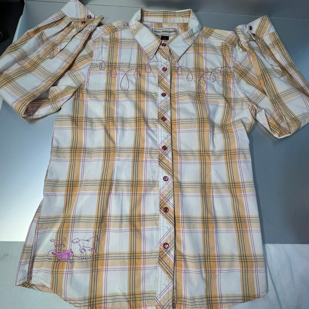 Bit & Bridle Womens Western Plaid Horse Embroidery Snap Button Shirt Pink M